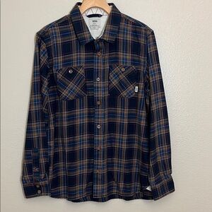 Vans Off The Wall Navy Brown Plaid Button Down Cotton Shirt